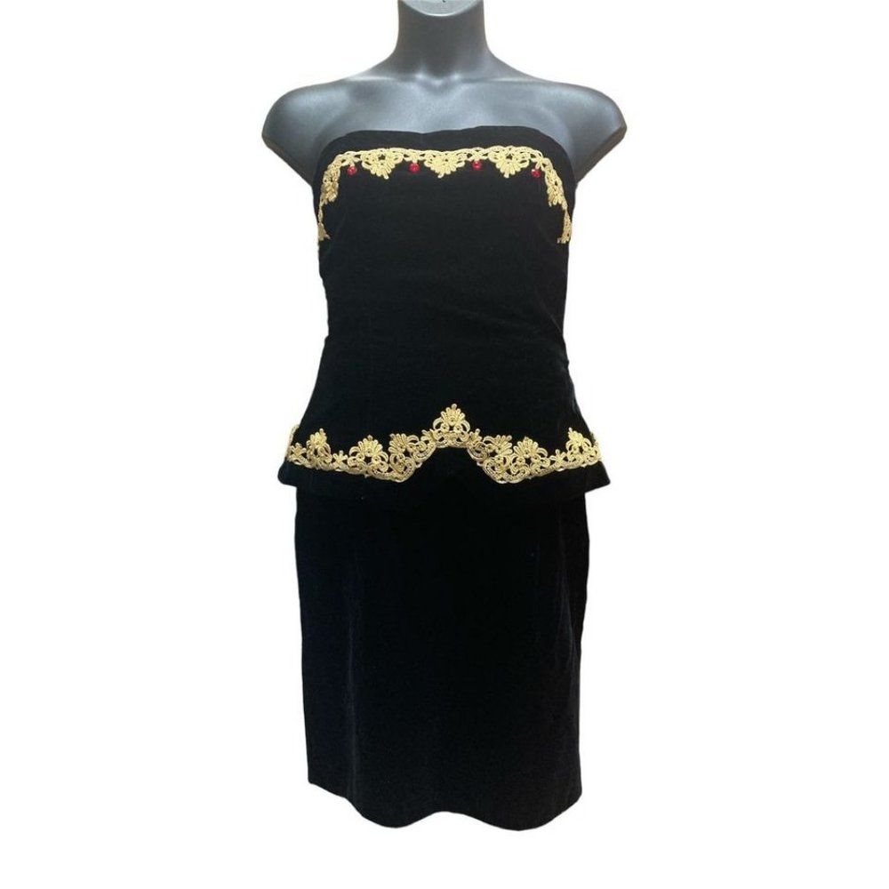 Scott McClintock Black Strapless Mini Dress with Gold Embroidery